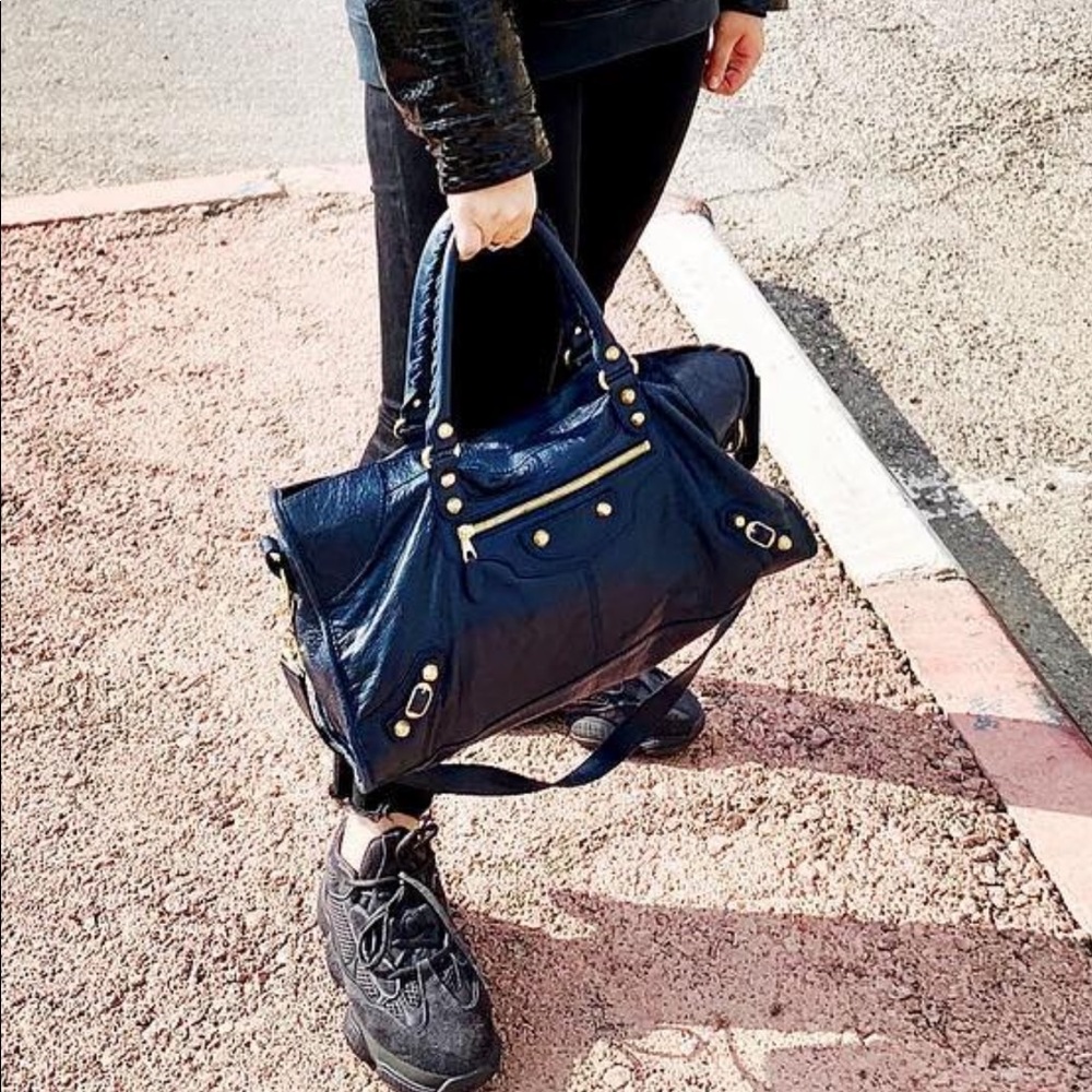 BALENCIAGA CITY BAG NAVY LEATHER GOLD HARDWARE